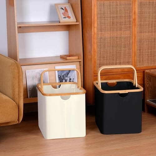 Black Laundry Hamper with Bamboo Handle, Collapsible 60L Basket for College Dorm and Family