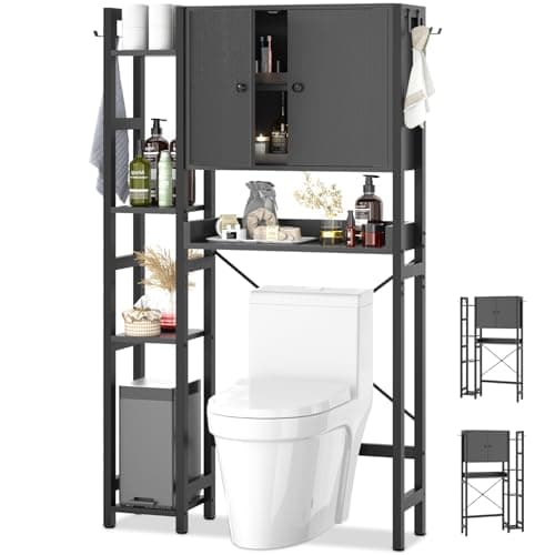 Rustic 7-Tier Over-the-Toilet Storage Cabinet with Adjustable Shelf & 4 Hooks