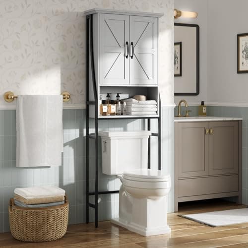 Gray Over the Toilet Organizer with Barn Doors and Storage Cabinet