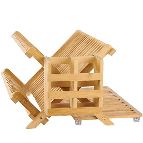 Bamboo Collapsible 3-Tier Dish Drying Rack with Holder