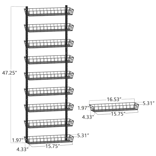 Adjustable Wall Mount Spice Rack for Kitchen Storage, 9-Tier Organizer - Black