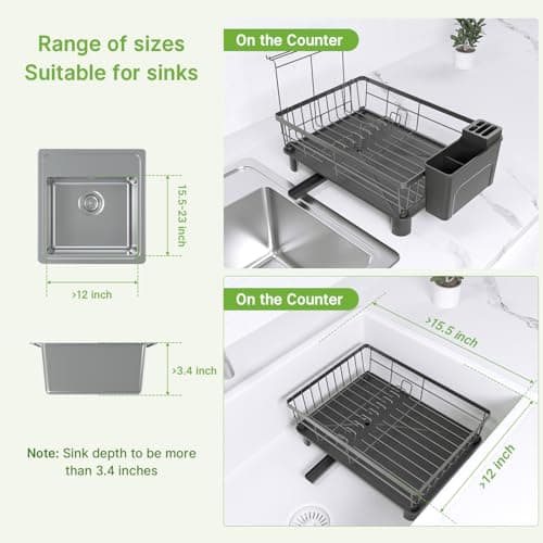 Stainless Steel Dish Drying Rack, Space-Saving with Utensil Holder, Black