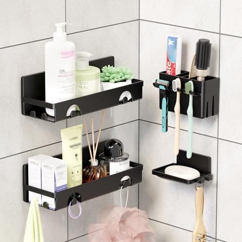 2 Pack Adhesive White Corner Shower Caddy, Rustproof Plastic Shelving with 4 Hooks, Space-Saving Bathroom Organizer