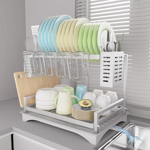 B-Land 2-Tier Kitchen Dish Drying Rack with Drainboard and Utensil Holders
