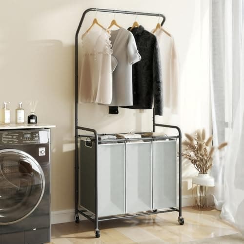 ROMOON 3-Section Laundry Hamper with Hanging Rack & Lockable Wheels - Upgraded 2025