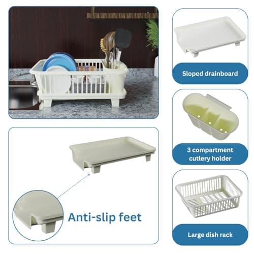 Space-Saving 3PC Large Plastic Dish Drying Rack with Cutlery Holder