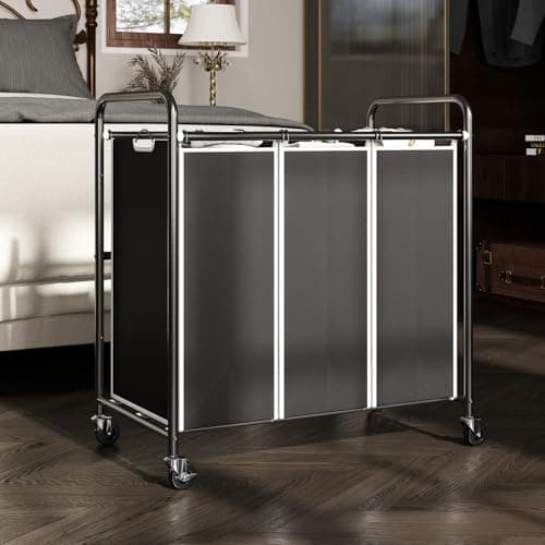 ROMOON 3-Compartment Laundry Sorter with Liners and Wheels – Space-Saving Apartment/Dorm Storage (Black)