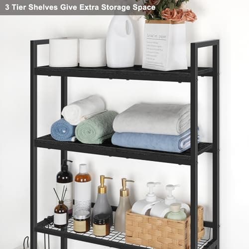 3 Tier Over the Toilet Storage Organizer with Hooks and Paper Holder - Black Stand