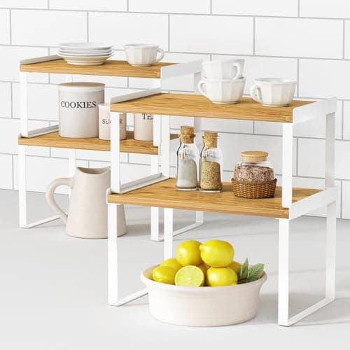 Bamboo & Black Expandable Kitchen Cabinet Organizer Set of 4 Shelves