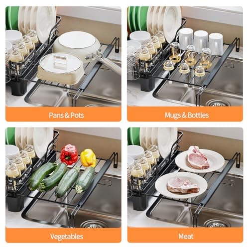 Expandable 2-Tier Dish Rack with Drainboard & Cup Holder for Kitchen Counter, Black
