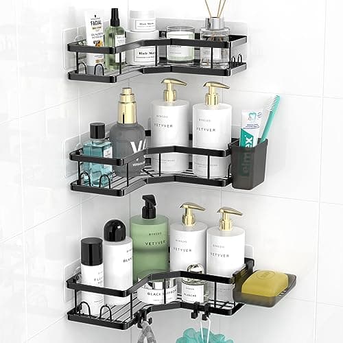 Stainless Steel Adhesive Corner Shower Caddy, 2 Pack, Hooks & Toothpaste Holder
