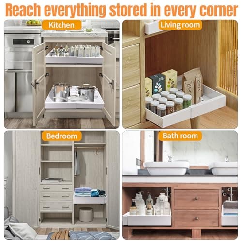 White Expandable Cabinet Organizer, 11.7"-19.7" Pull Out Drawer with 4 Dividers for Kitchen, Pantry, Bathroom