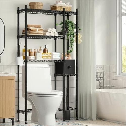 6 Tier Over Toilet Storage Rack with Drawer, Black