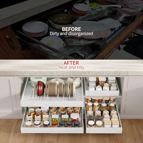 Expandable Pull-Out Cabinet Organizer, 12.6"-20.5" Deep, White Kitchen Pantry & Bathroom Storage