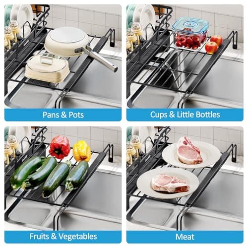 Extendable Kitchen Dish Drying Rack, Black, 2-in-1 Expandable Over Sink Strainer & Drainer