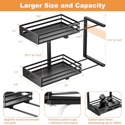 Sink Cabinet Organizers 2 Pack, Pull Out Steel Shelves for Kitchen Bathroom Storage (Black)