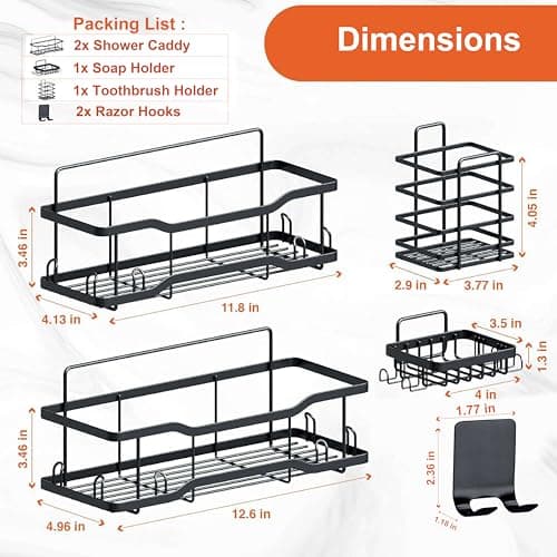 Athena Silken Black 4 Set No-Drill Rustproof Shower Caddy, 40LB Capacity