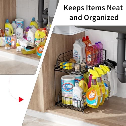 SUEH DESIGN 2 Tier Under Sink Organizer with Hanging Rail for Kitchen & Bathroom