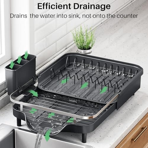Expandable Stainless Steel Dish Drying Rack with Drainboard & Utensil Holder (Black)