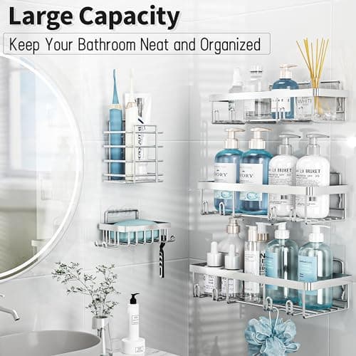 5 Pack Rustproof Stainless Steel Shower Caddy Organizer, Silver