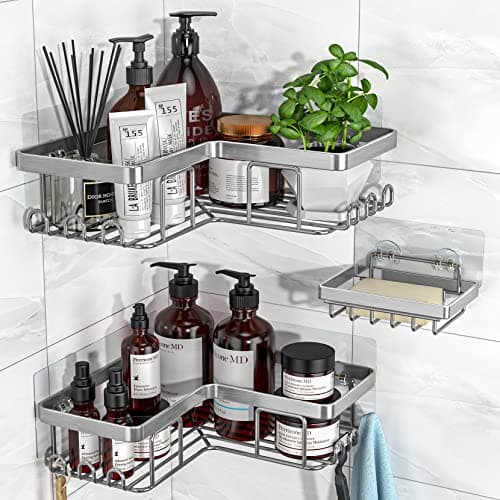 YASONIC Rustproof 3-Pack Adhesive Shower Caddy, 12 Hooks, Soap Holder, Brushed Silver