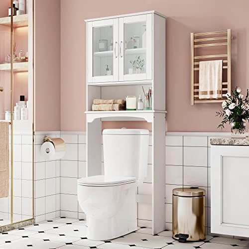 Yaheetech Tall Freestanding Toilet Storage Cabinet with Double Tempered Glass Doors