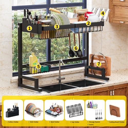Expandable Over-Sink Dish Drying Rack - Snap-On Design, 24" - 35.5" L x 12" W x 19" - 22" H