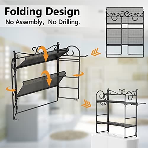 2 Tier Black Over Toilet Storage Organizer Shelf with Hooks and Paper Holder