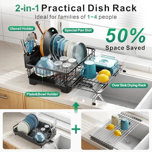 GSlife Expandable 2-in-1 Dish Drying Rack with Drainboard, Black