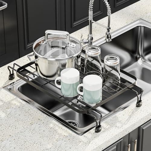 Sink Dish Drying Rack for Kitchen Counter, Adjustable Legs, Compact (Black)