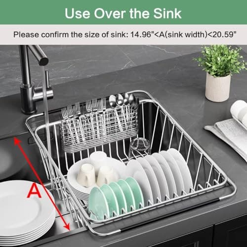Adjustable 304 Stainless Steel Sink Dish Drier Rack with Utensil Holder