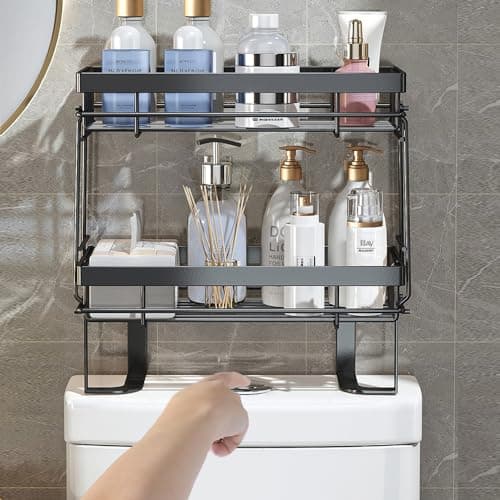 Toilet Storage Organizer Shelf, 2 Tier Stackable Bathroom Organizer & Storage Rack, Screwless Design, Punch-Free - Black