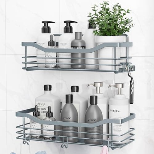 Orimade Rustproof Stainless Steel Shower Caddy 2 Pack - Adhesive Mount, 5 Hooks