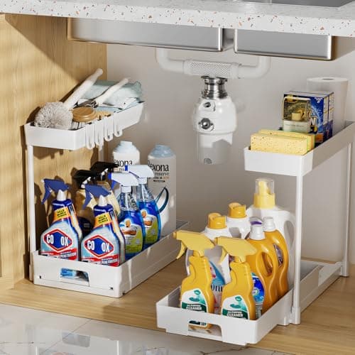 Delamu Under Sink Organizers: 2 Pack L-Shaped Pull-Out Cabinet Storage with Drawer for Bathroom and Kitchen
