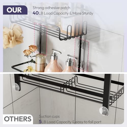 SWTYMIKI 3-Tier Over Shower Head Organizer - Black, 16 Hooks, Anti-Swing, Rustproof