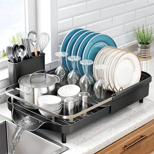 Expandable Stainless Steel Dish Drying Rack with Drainboard & Utensil Holder (Black)