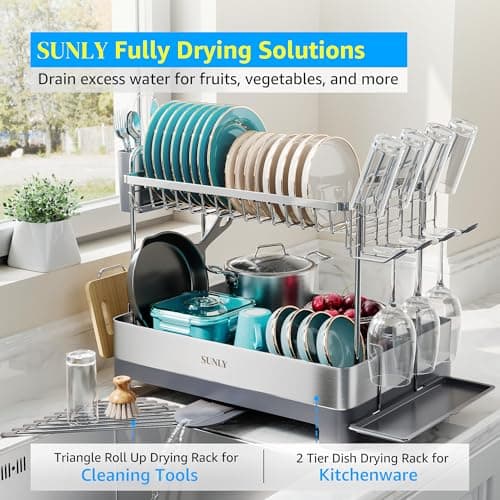 SUNLY Large 2-Tier Dish Drying Rack, 304 Stainless, Kitchen Counter Drain Board