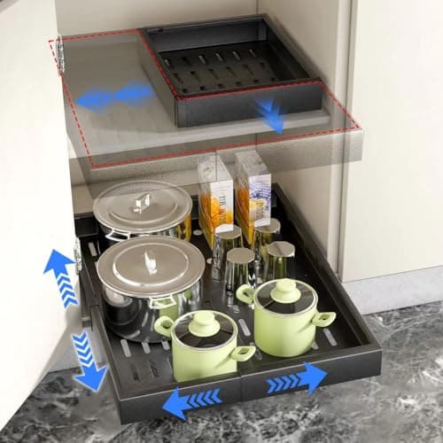Black Minimalist Expandable Cabinet Organizer, 18" W x 5" H, 65 lbs Capacity, Kitchen Pantry Bathroom