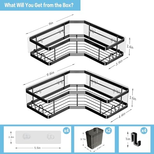 Stainless Steel Adhesive Corner Shower Caddy, 2 Pack, Hooks & Toothpaste Holder