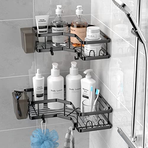 Stainless Steel Adhesive Corner Shower Caddy, 2 Pack, Hooks & Toothpaste Holder