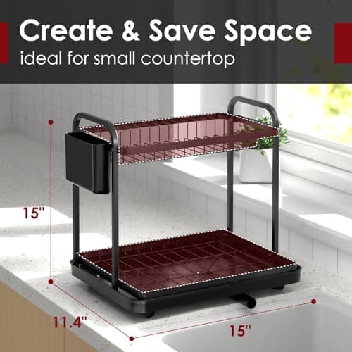 Stainless Steel 2-Tier Dish Drying Rack with Drainboard and Cutlery Holder for Kitchen Counter - Large, Black