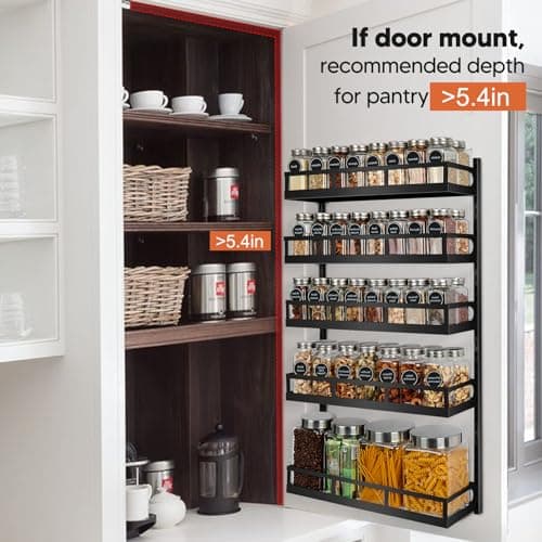 X-cosrack 5-Tier Height-Adjustable Wall Mount Spice Rack Organizer for Kitchen Pantry - Dual-Use Seasoning Holder with Hooks, Black
