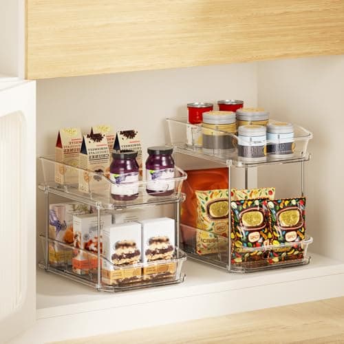 LAMU 2-Pack Clear Bathroom Storage, 2-Tier Pull-Out Sink Organizers with Drawers & Dividers