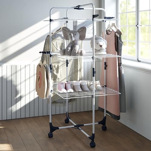 APEXCHASER 3-Tier Collapsible Laundry Rack with Wheels & Hooks, White