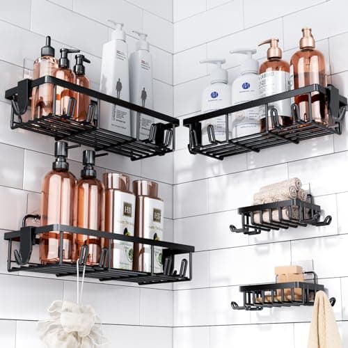 No Drilling Adhesive Shower Caddy - 5 Pack Shelf with Hooks and Large Capacity Organizer