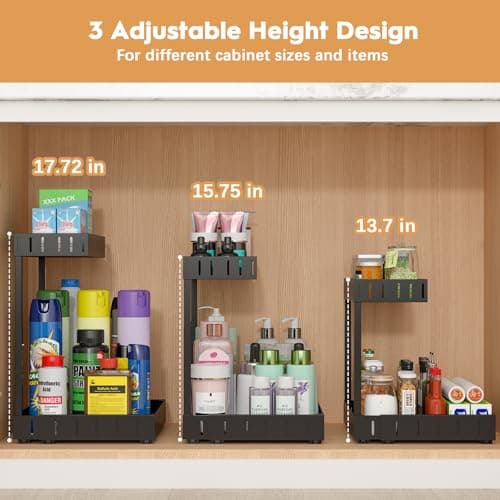REALINN 2 Tier Expandable Under Sink Organizer, Adjustable & Black, 2 Pack