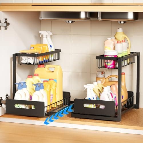 2 Pack Under Sink Metal Cabinet Organizer Shelf with Sliding Drawer, Kitchen & Bathroom Storage