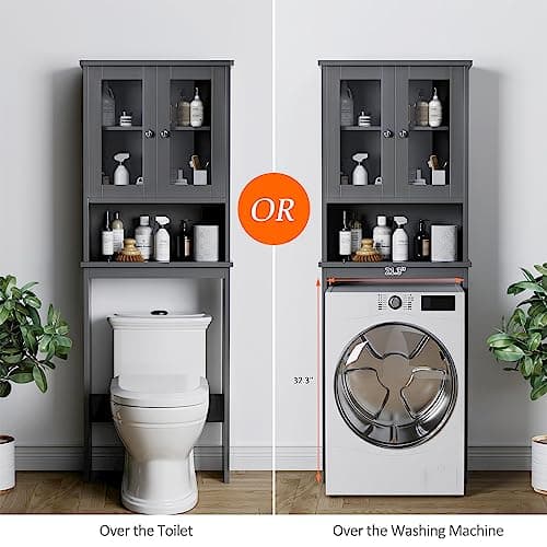 Meilocar Grey Over Toilet Storage Cabinet with Glass Doors