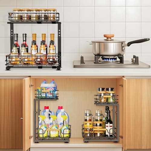 Under Sink Organizer for Kitchen and Bathroom, Metal Sliding Drawer, 2 Tier Storage - Black (2 Pack)
