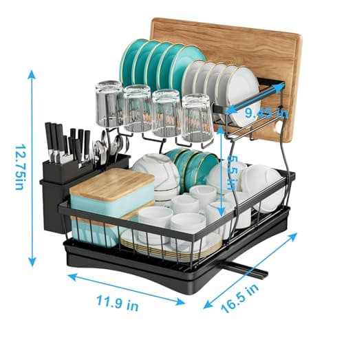Large Dish Drying Rack for Kitchen Counter with Utensil Holder, 2-Tier Organizer in Black
